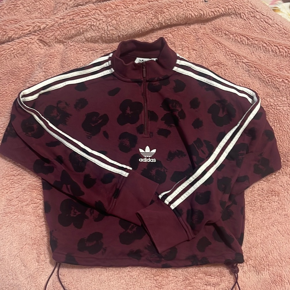 Adidas cropped long sleeve pullover. Maroon with black subtle animal print.